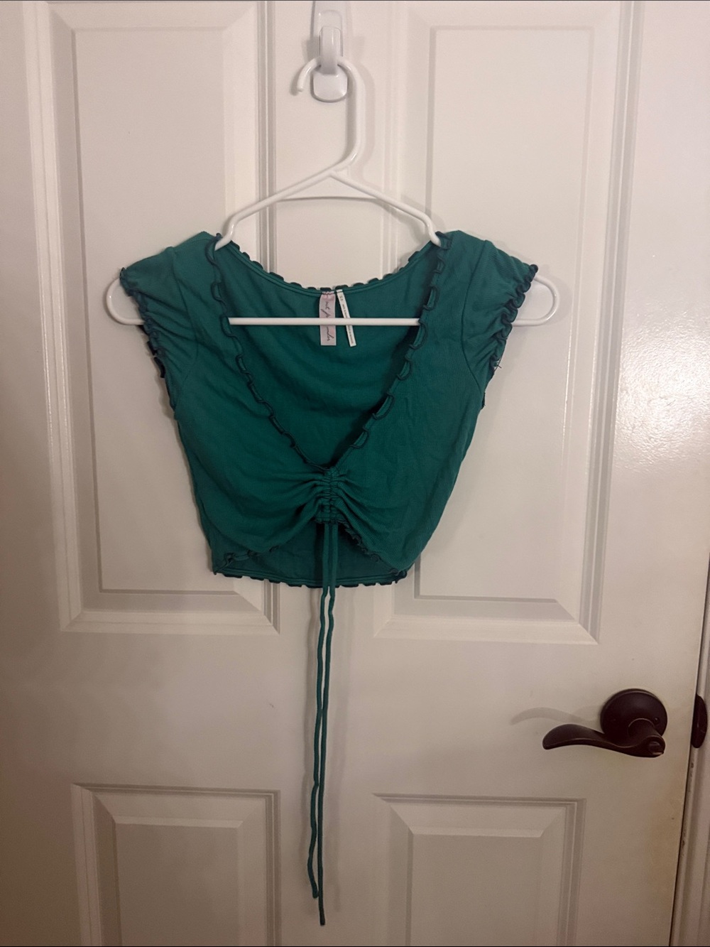 Urban Outfitters Ruched Deep-V Crop Top in Teal - Women's Stylish Summer Top